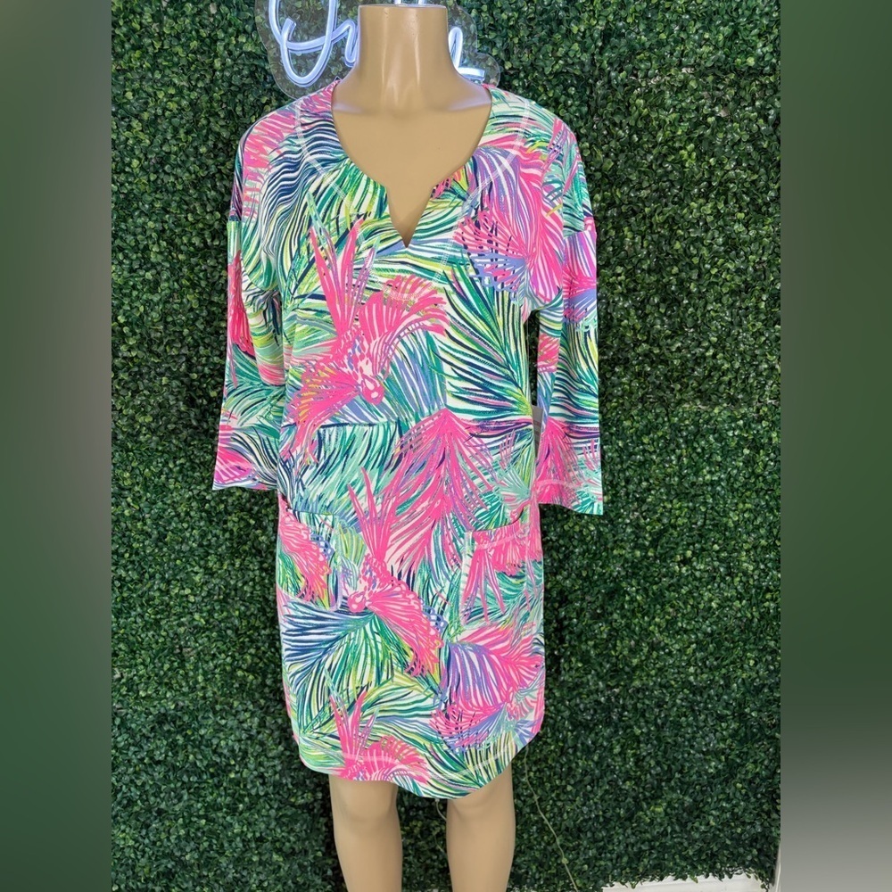 Lilly Pulitzer Scarlet Macaw Dress – Tropical Print, 3/4 Sleeve – Size S